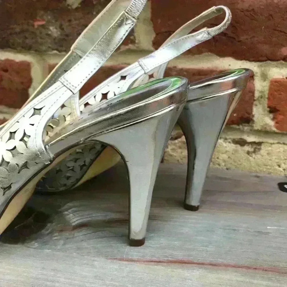 METAPHOR Platform Pump Heels Silver Cut Out Open Toe Sling Back Heels Size 9 - Picture 7 of 8